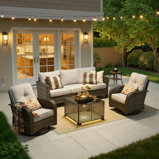 5 Piece Wicker Patio Furniture with Swivel Rocker Chair, Gray | High Back Swivel Rocker Chairs, All Weather Rattan Outdoor Sofa, Solar Lights Table, Modern Conversation Sets, Deck Backyard