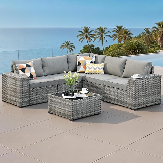 6 Pieces Patio Furniture Set, Outdoor Wicker Sectional Sofa with 7.7" Extra Wide Armrests, Modern Rattan Modular Conversation Set with Thickened Deep Seat Cushions for Garden, Backyard, Dark Gray
