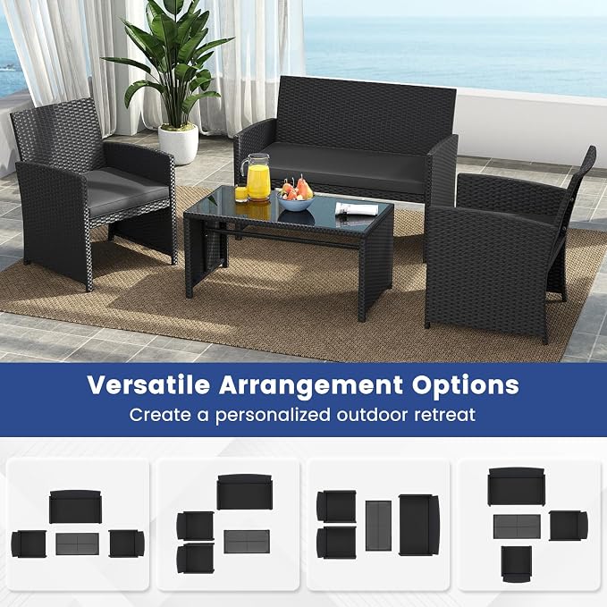Tangkula 8 Pieces Patio Wicker Furniture Set, Outdoor Heavy Duty Rattan Cushioned Chairs, Loveseat and Tempered Glass Coffee Table, for Backyard, Balcony, Poolside (2, Black)