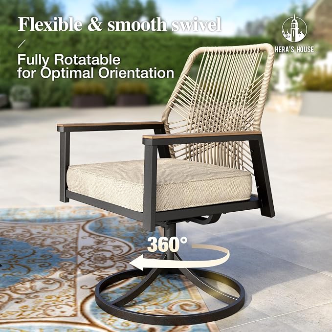 HERA'S HOUSE 7pc Patio Dining Set, 54" Round Table & 6 Rattan Chairs | Metal table with umbrella hole, cushioned chairs. Waterproof, rust-resistant, all-weather for backyard, porch.