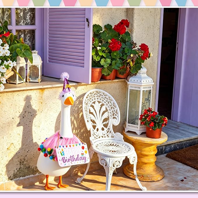3 Pcs Happy Birthday Porch Goose Outfit Lawn Goose Cloth Costume for 23" Cement Plastic Patio Yard Statue Outdoor (Purple,Tutu Skirt)