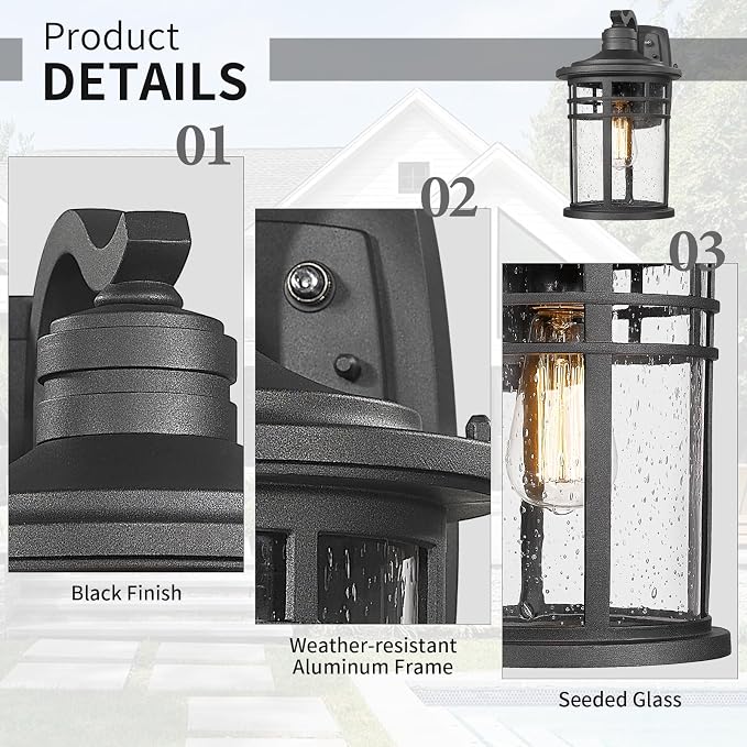 Darkaway Dusk to Dawn Outdoor Porch Wall Light,Outside Wall Mounted Light Seeded Glass Exterior Waterproof Lantern 14.57inch Large Modern Wall Sconce Lighting for House Front Door Garage