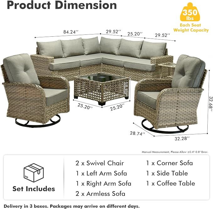 HOOOWOOO Sectional Patio Furniture Set with Swivel Chairs,9 Pieces Wicker Outdoor Furniture L Shaped Couch,Outside Conversation Set with Extra Deep Seat Sofa Wide Arm Solar Light Table,Charcoal Gray