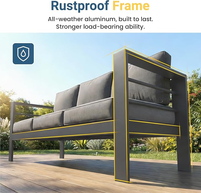 Wisteria Lane 5 Pieces Aluminum Patio Furniture Set with Umbrella, All Weather Oversized Outdoor Furniture Set with Deep Seat and Back Cushion, Patio Conversation Sets with Wide armrest, Gray & Navy