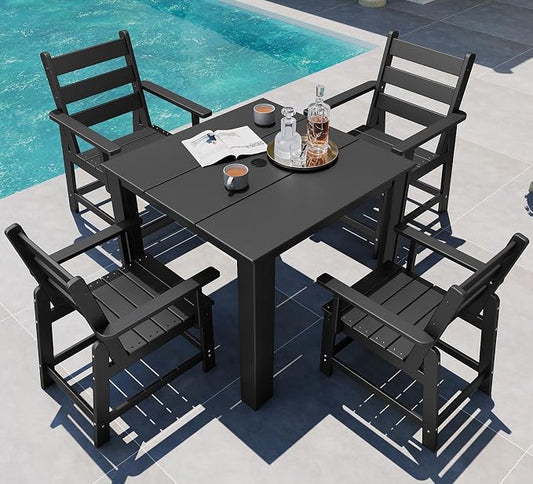 GREENVINES 5-Piece-Outdoor-Dining-Set | HDPE | Square | Patio Furniture | Table and Chairs Sets for 4 | All Weather | Removable Armrests | Umbrella Hole | for Backyard Poolside Garden | Black