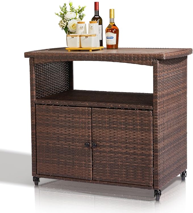 Outdoor Bar Cart with Storage Cabinet, Patio Wicker Sideboard Buffet Cabinet Prep Table, Outside Kitchen Serving Cart with Rolling Wheels & Handles, Brown
