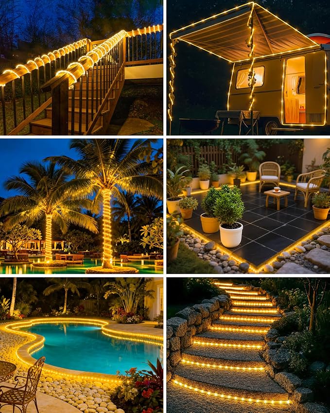 btfarm Solar Rope Lights, 120LED 46FT Solar String Lights Outdoor Waterproof, 8 Lighting Modes Solar Powered Strip Trampoline Light for Outside Garden Tree Christmas Yard Patio Decor, Warm White