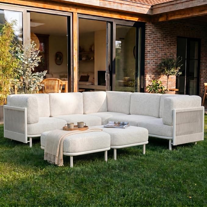 LayinSun 7 Pieces Patio Furniture Set, Modern Outdoor Modular Sectional Conversation Set L-Shaped Sofa with 7-inch Cushion for Garden Backyard Deck