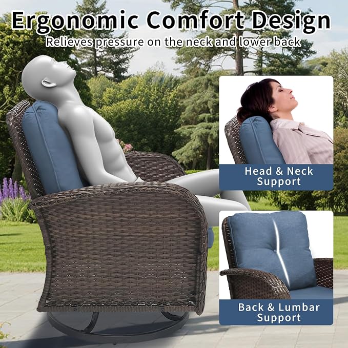 Outdoor Swivel Rocker Patio Chairs 3 Pieces，Swivel Patio Chairs with Cushions，Outdoor Swivel Rocking Chairs Set of 2 with Rattan Side Table，Patio Furniture Set for Outside Porch Deck