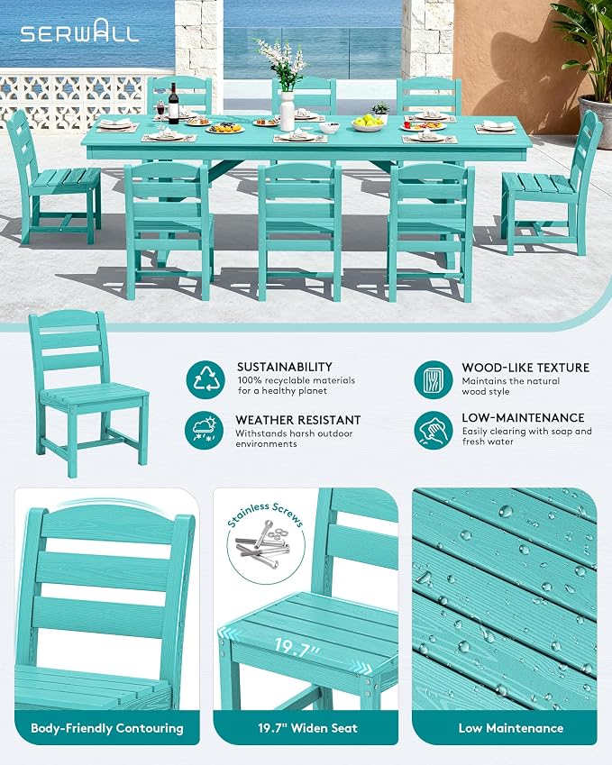 SERWALL 9 Piece 84" HDPE Outdoor Dining Set for 8 with Armless Chairs and Umbrelle Hole, Aruba