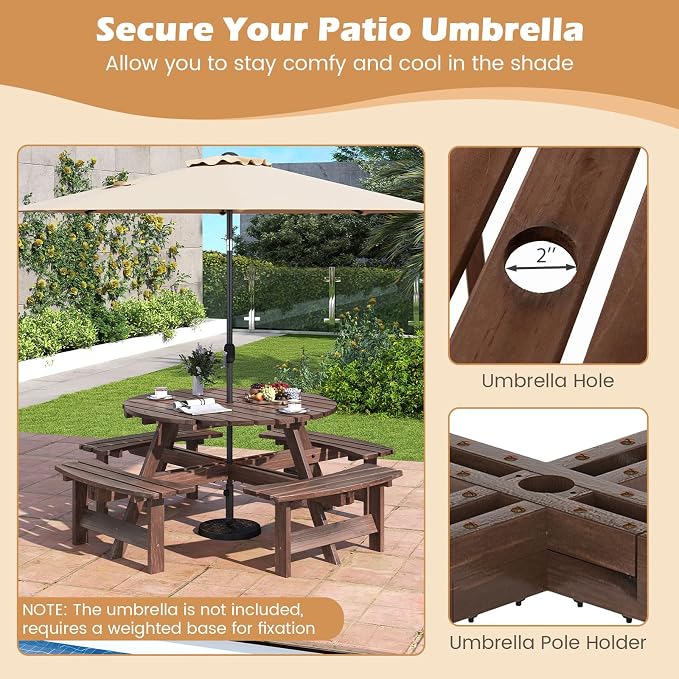 Giantex 8-Person Round Picnic Table Set with 4 Benches, 550 LBS Bench Capacity, 2" Umbrella Hole, Circular Outdoor Wood Dining Table & Chairs for Patio Yard Garden Porch Deck (71”x71”x28”,Brown)