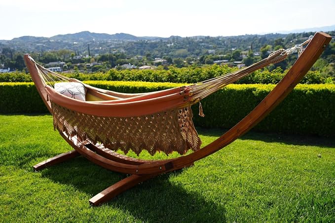 Handmade Brazilian Macrame Hammock – Red, Yellow & Caramel Striped Cotton Hammocks – Indoor Boho Swing Bed – Decorative Hammock for Bedroom, Porch or Balcony