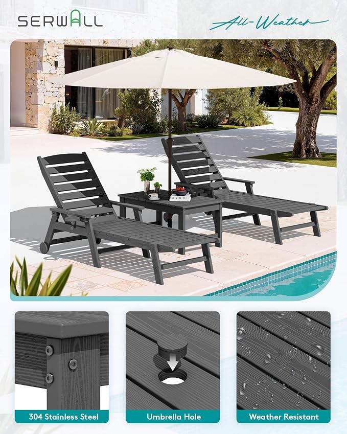 SERWALL Outdoor Coffee Table with 9FT Umbrella, HDPE Patio Coffee Table for Outside, Rectangle, Gray(Not Include Umbrella Base)