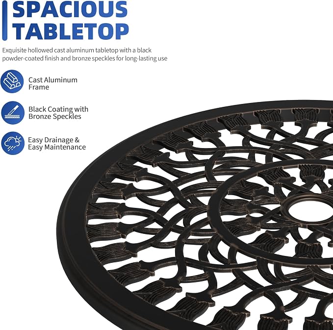 Garvee 23" Round Patio Dining Table with Umbrella Hole,Antique Cast Aluminum Outdoor Bistro Table,Umbrella Table,Side Table,End Table,Outdoor Furniture for Backyard,Garden,Patio,Porch,Bronze