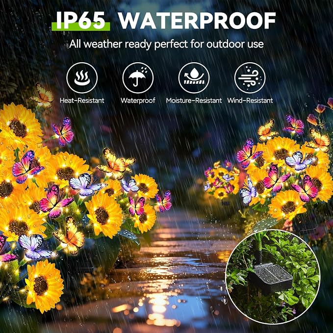 6 Pack Solar Sunflower Lights with Butterflies, Garden Light Outdoor Decor | Sunflowers Decor, Lifelike Solar Flower Lights Waterproof for Garden, Flower Beds, Yards, Patios, Gift for Women Mom Grandma