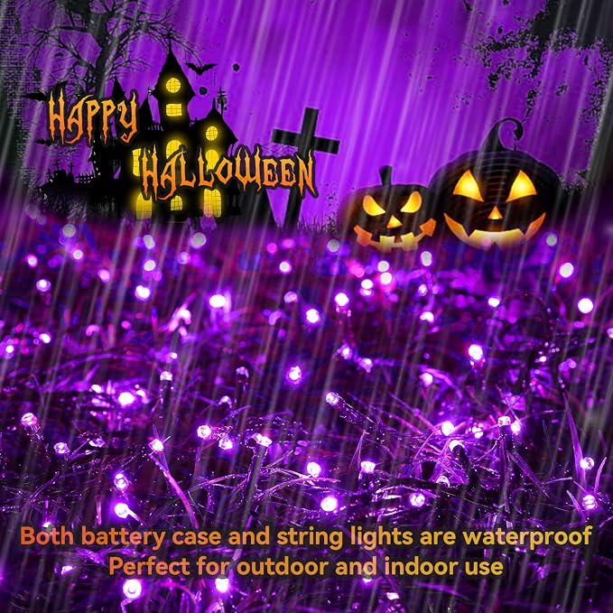 Halloween Purple String Lights Outdoor 33Ft 100LED Battery Operated Fairy Lights with Waterproof Remote Timer for Hanging Garden Party Holiday Decor