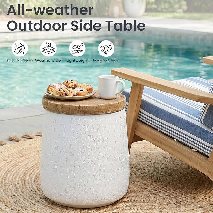 HOMPUS Outdoor Side Table Set of 2, Concrete End Table Cylinder Shaped | Lightweight MgO Patio Accent Table w Wood Grain Top, Small Round Outdoor Garden Stand for for Indoor Outdoor Use, White