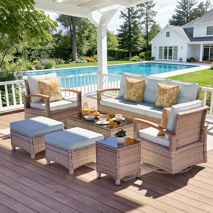 MEISSALIVVE 7 Pieces Patio Furniture Sets,Wicker Patio Conversation Sets with 2 Wood Armrests Swivel Glide Chairs, 2 Ottoman, 3-seat Sofa and Coffee Table (Blue)