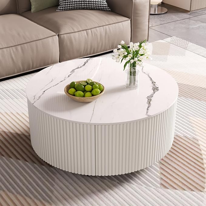 29.5'' Round Marble Coffee Table for Living Room Storage Coffee Table with 2 Drawers Modern Circle Center Tables Sintered Stone Accent Tea Tables for Apartment White