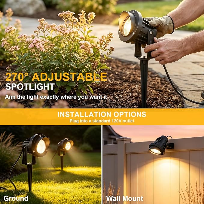 Romwish 12W LED Landscape Spotlights, 120V Plug-in Outdoor Lighting, 4 Pack | 1200LM Brightness with 3000K Warm White, IP65 Waterproof, Adjustable 270° Head & 60° Beam for Tree, Garden, Pathway and Yard