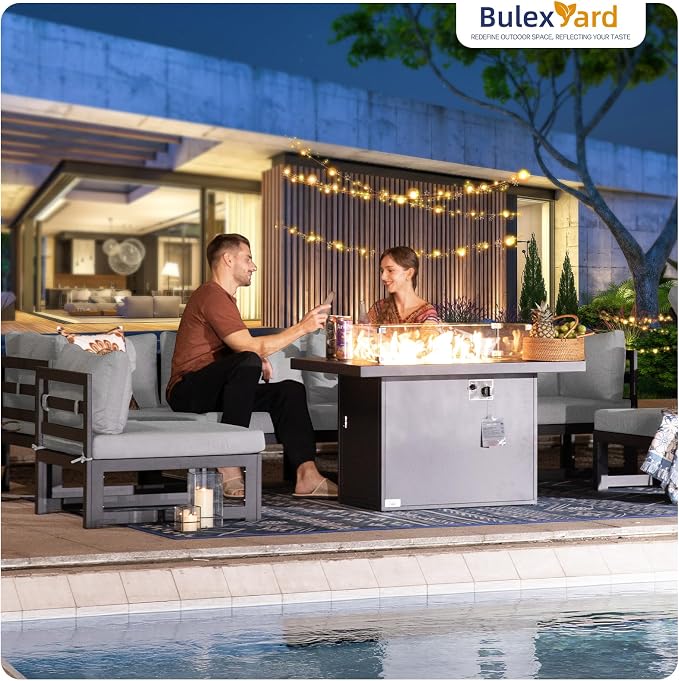 BULEXYARD 6 Seat Large Luxury Aluminum Patio Conversation Set with Fire Pit Table Propane/Gas, 29 inch Deep Wide Sectional Couch, 500 lbs Heavy Duty All Weather Outdoor Sofa for Backyard, Light Gray