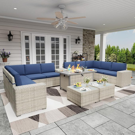 13 Piece Patio Furniture Set with 50,000 BTU Rattan Fire Pit Table that Converts to Coffee Table, 9.8" Wide Arm Sectional Sofa with Storage Armrests, Outdoor Rattan Conversation Set, Blue