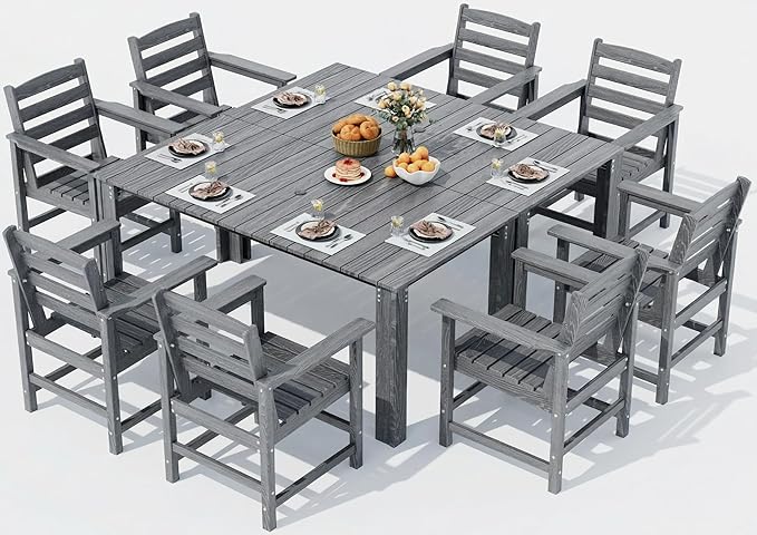 Dining Table Set, 10-Piece HDPE Outdoor Dining Set for 8, Gray | 2 Tables & 8 Chairs, 1.7" Umbrella Hole, 300 lb/Chair, Waterproof Wood-Grain Surface, 6-Box Delivery
