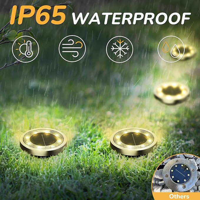 INCX 16Pack Solar Ground Lights Outdoor, 8 LED, IP65 Waterproof, Warm White | 600mAh Ni-MH battery, 8-10h runtime, stainless steel, ABS and PP body, solar garden lights for pathways, lawns and driveways