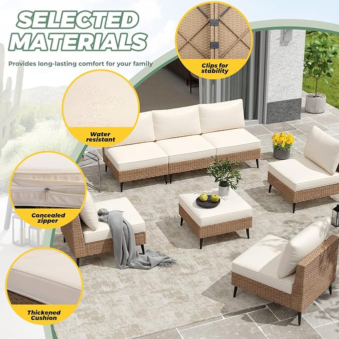 LVUYOYO 7 Pieces Outdoor Patio Furniture Set, Wicker Sectional Sofa Couch, Rattan Conversation Sets with Cushions for Deck, Backyard, Porch (Khaki)