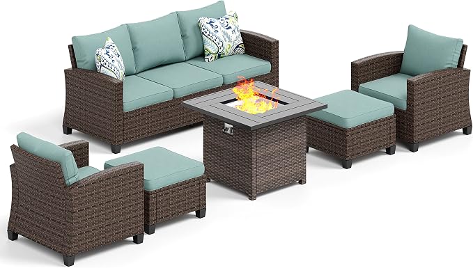 HERA'S HOUSE Wicker Patio Furniture Set with Fire Pit Table, 6 Pieces Outdoor Seating Furniture with Thick Cushions, 7 Seats Patio Conversation Sofa Sets, Blue