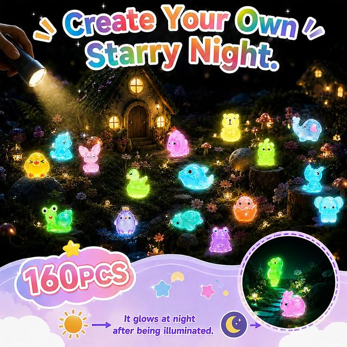 EKisemio 160Pcs Mini Resin Animals Blind Bags, Glow Mystery Figures Bags | Luminous Animals Figures Variety Pack , Glow in The Dark Designs, for Kids’ Collecting, Hide Games, Classroom Rewards