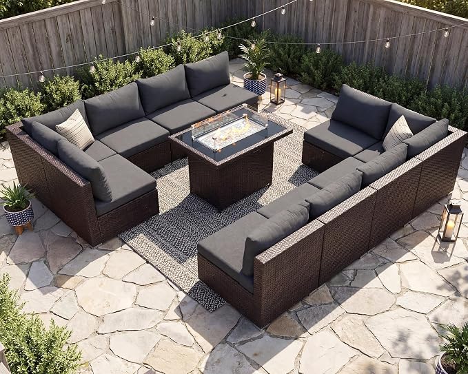 NICESOUL 11 Pcs Modern Outdoor Patio Sectional Furniture Set with Fire Pit Table, 29.3'' High Back Conversation Sets with Firepit, Cozy Large U-Shaped L-Shape Couches, Brown Rattan and Gray Cushion