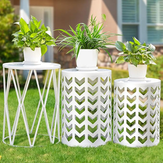 Y&M Outdoor Side Tables Set of 3, Nesting Patio Side End Tables for Outside, Round Heavy Duty Metal Stacking Accent Tables for Patio Balcony Garden Indoor, White