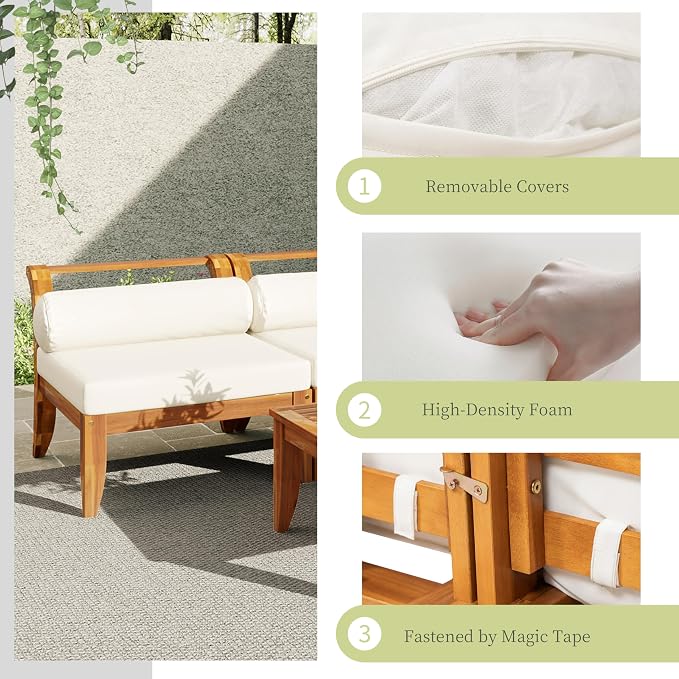 Merax 6 Pieces Patio Furniture Set, Outdoor L-Shaped Sectional Sofa Set with Coffee Table, Acacia Wood Conversation Seating & Cushions and Lumbar Pillows, for Garden, Poolside and Backyard, Teak+Beige