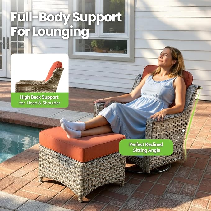 10 Piece Patio Furniture Set with Fire Pit Table, Outdoor Wicker High Back Sofa and Swivel Rocker Chairs Set of 4 with Ottoman, Large Conversation Sets for Backyard Deck Garden, Bold Orange