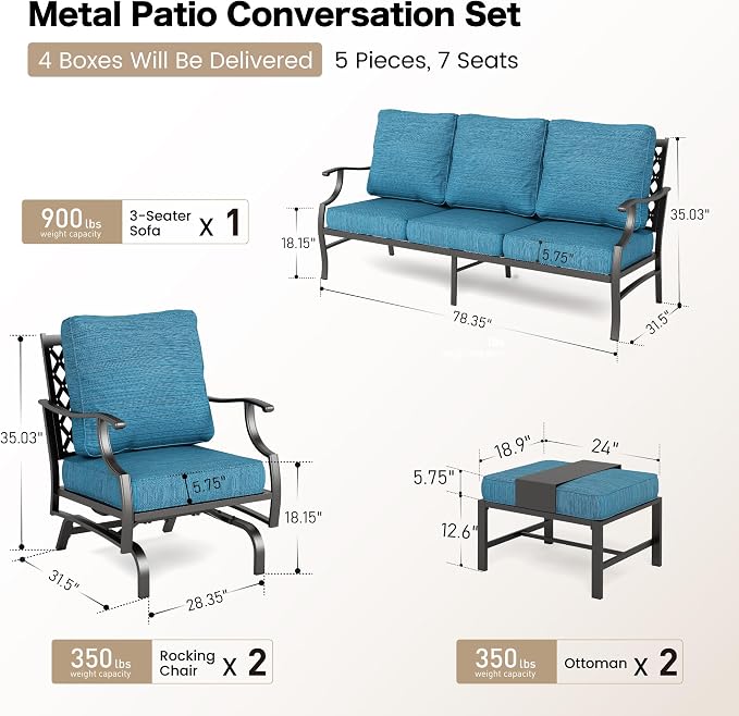 SUNSHINE VALLEY 7 Piece Metal Outdoor Patio Furniture Sets, Patio Conversation Sets 3-Seater Sofa, 2 Rocking Chair, 2 Ottomans with 5.75" Thick Cushion, All-Weather Frame Backyard Furniture, Blue-2