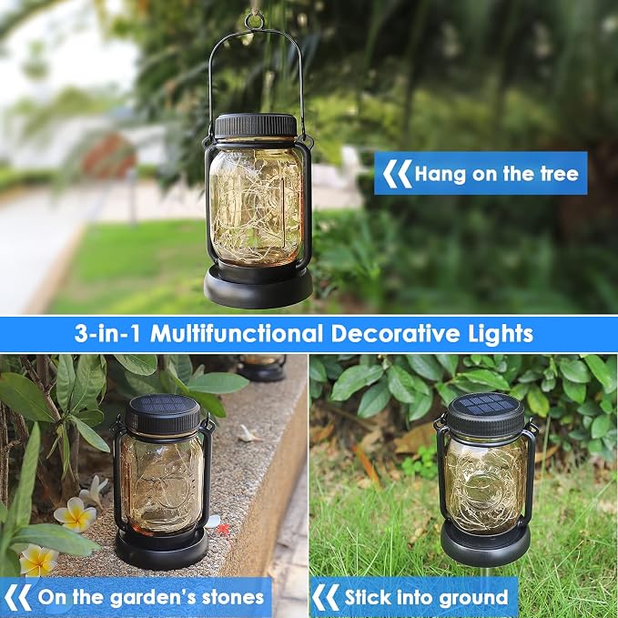 4 Pack Solar Mason Jar Hanging Lantern with Stakes, Cool White | Solar Fairy String Lights, Vintage Glass Lamp, Waterproof, Bright, for Indoor Outdoor Yard Patio Path Tree Xmas Decor