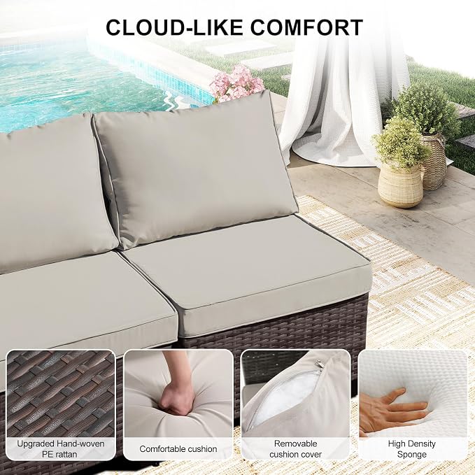 CANMOV 5 Pieces Patio Furniture Sets, All Weather Outdoor Patio Conversation Set, PE Wicker Rattan Sectional Sofa Couch with Glass Coffee Table and Washable Cushions for Backyard Garden, Porch, Khaki