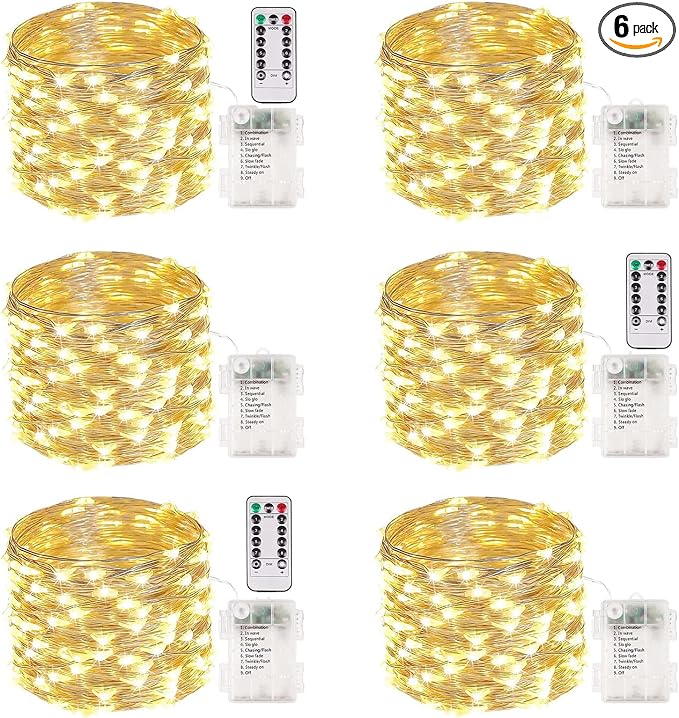 6 Pack Fairy Lights Battery Operated with Remote 33FT 100 LED Warm White | Remote Control, 8 Modes, Timer, Adjustable brightness, Waterproof Lights for Indoor Outdoor Classroom Christmas Decor