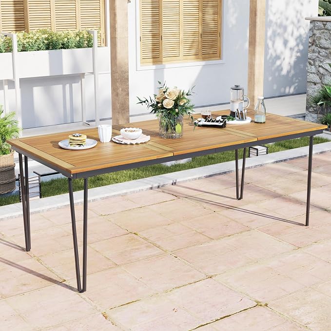 HAPPYGRILL Patio Dining Table for 8, 79" Rectangle Table with Acacia Wood Tabletop & Heavy Duty Metal Frame, Outdoor Dining Table with 2" Umbrella Hole for Backyard, Lawn & Garden