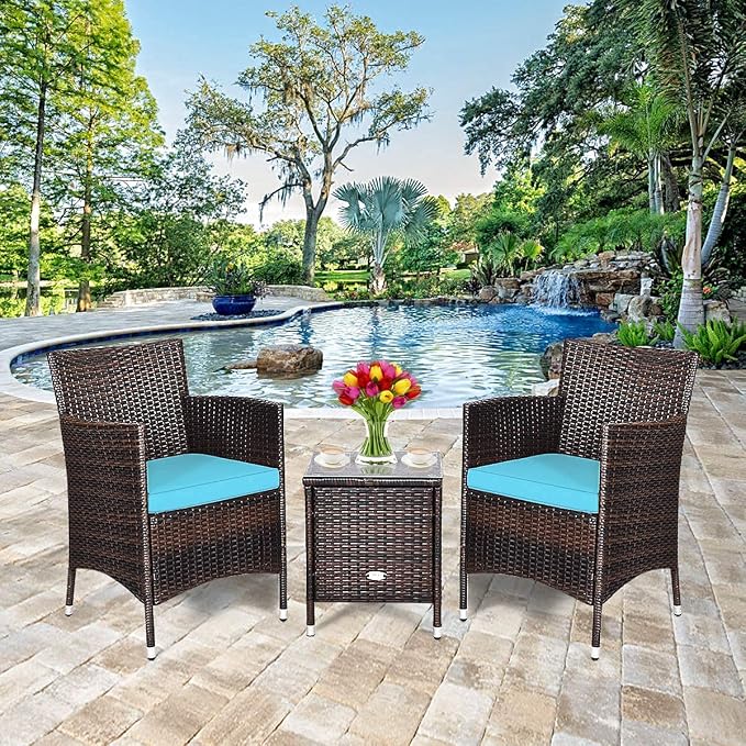 HAPPYGRILL 3-Pieces Patio Furniture Set Outdoor Rattan Wicker Conversation Set with Coffee Table Chairs & Cushions for Patio Garden Lawn Backyard Poolside