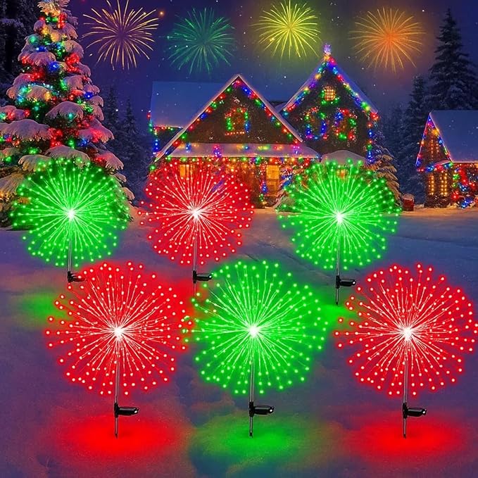 Tujoe 6 Pcs Christmas Solar Firework Stake Lights 180 LED 8 Modes Solar Waterproof LED Sparkler Lights Outdoor Decoration for Garden Patio Yard Pathway Walkway Lawn Xmas Decor (Red-Green)