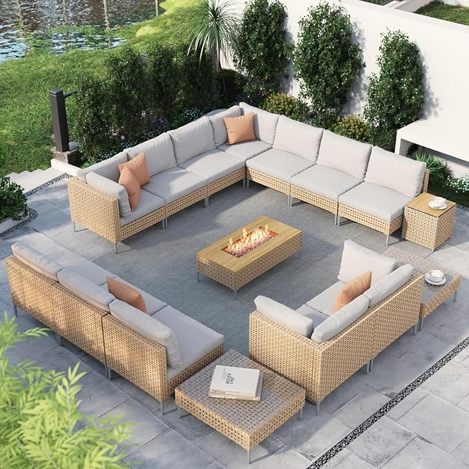 16-Piece Outdoor Patio Furniture Set with 47 Inch Propane Fire Pit Table, 50,000 BTU Rectangle Fire Pit, Storage Box, Water Resistant Thick Cushions, Modular Outdoor Conversation Set for Garden, Porch