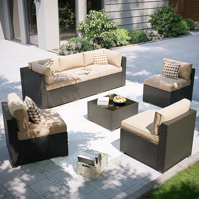 Aoxun Patio Furniture Set, 7 Piece Outdoor Sectional Sofas with Waterprool Cover, Wicker Rattan Outdoor Furniture Patio Conversation Set for Backyard, Garden Beige