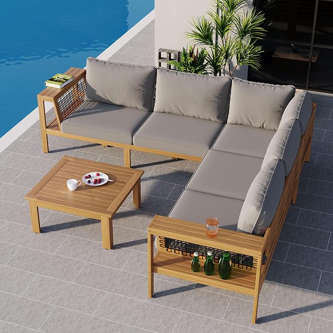GDFStudio 4-Piece Outdoor Patio Sofa Set, L-Shaped Acacia Wood Seating with Coffee Table, Woven Mesh Armrests, Cushioned Conversation Set with Removable Pillows for Garden, Deck, Balcony, Gray