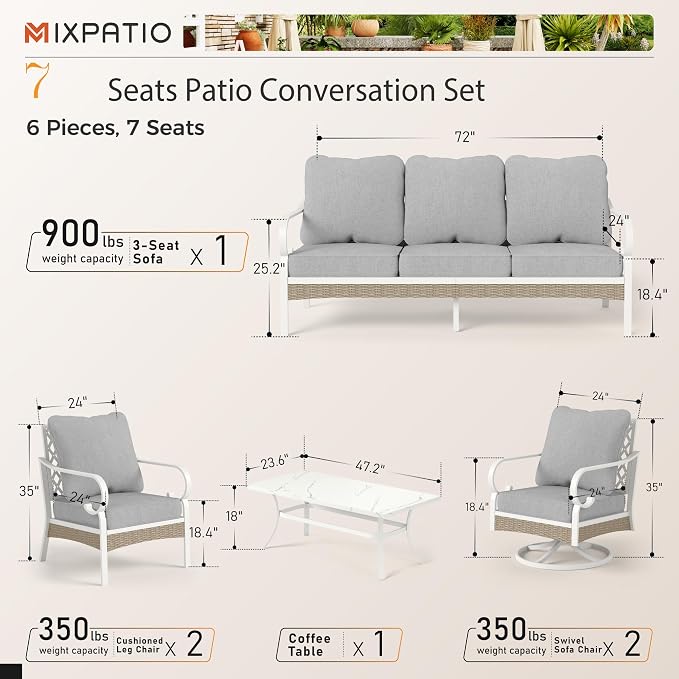 MIXPATIO 6 Piece Patio Furniture Set, 2 x Fixed Chair, 2 x Swivel Chair, 1 x 3-Seat Sofa with Marbling Coffee Table, 7 Seats Outdoor Conversation Set for Lawn Garden Backyard, Light Gray
