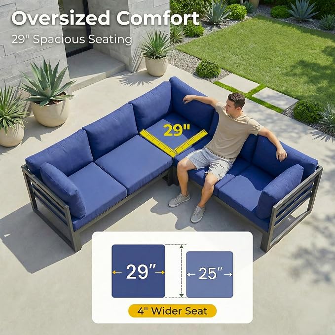 RADIATA 9 Piece Large Modern Aluminum Outdoor Patio Furniture Set with Fire Pit Table, 29" Wide Deep Seat, Rust Proof Comfy Sectional Sofa with Coffee Table, 500 lbs Sturdy Conversation Set, Navy Blue