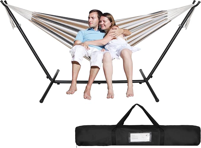 Portable 2-Person Hammock with Heavy Duty Steel Stand, Carrying Case and 6 Optional Hook Positions, Double Hammock for Indoor Outdoor Patio Bedroom (Desert Stripes)