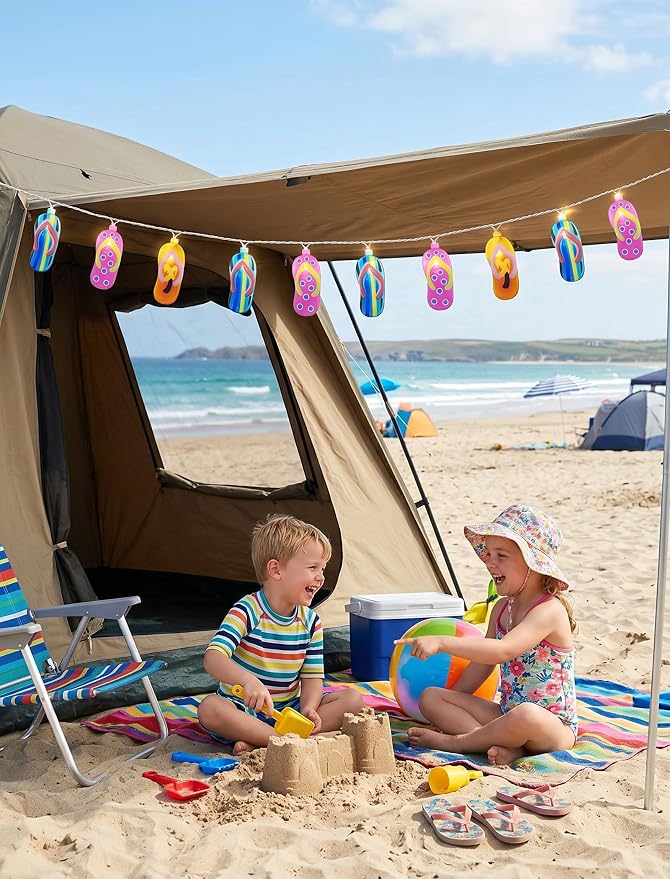 8.5Ft Summer Beach Themed Outdoor Lights, 10L LED Flips Flops String Lights | Plug in Waterproof for Indoor and Outdoor Holiday Summer, Beach Tent, Luau Aloha Hawaiian Tropical Camping Party Décorations