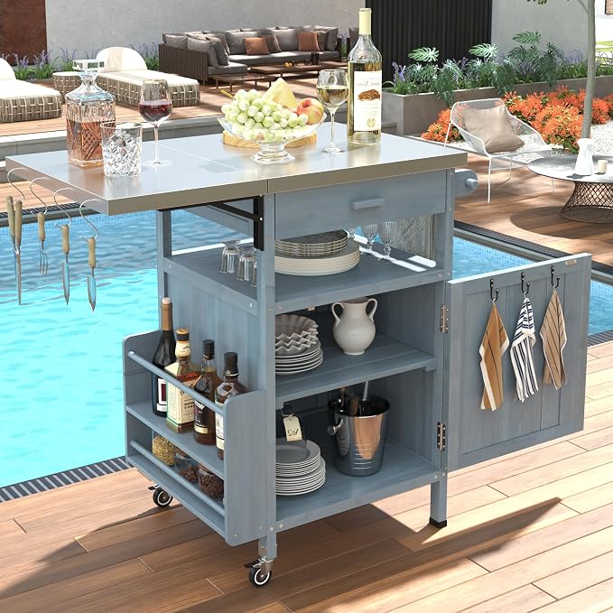 Solid Wood Outdoor Small Grill Table Kitchen Island with Stainless Steel Drop Leaf, Farmhouse Serving Cart with Drawer and Wheels, Outdoor Bar Table for Patio, Lawn Garden, Kitchen, Grey Blue
